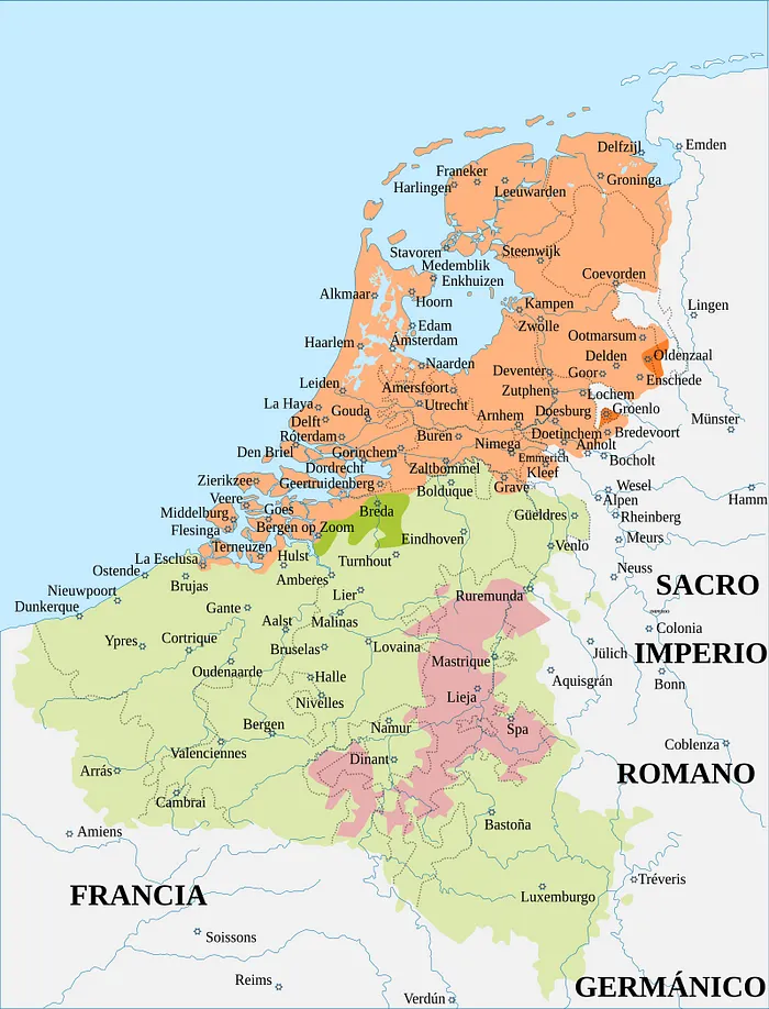 The Low Countries in 1621–1628。黃色:Dutch Republic;橙色:Dutch conquests ;綠色:Spanish Netherlands ;深綠:Spanish conquests;粉色: Prince-Bishopric of Liège
