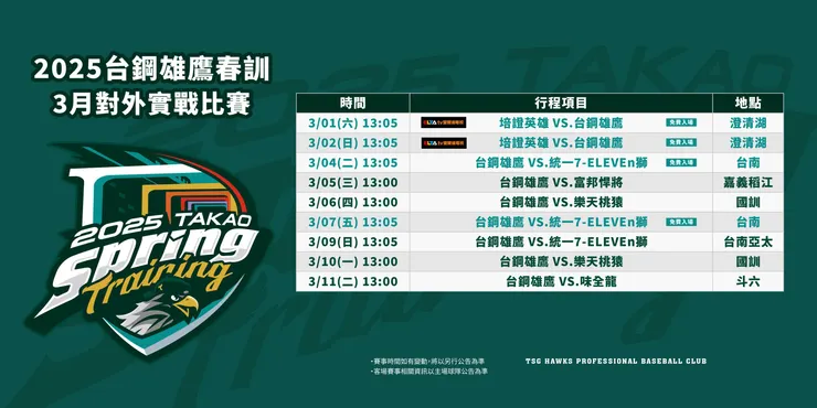 雄鷹對外公開賽一覽。(翻攝自台鋼雄鷹FB)