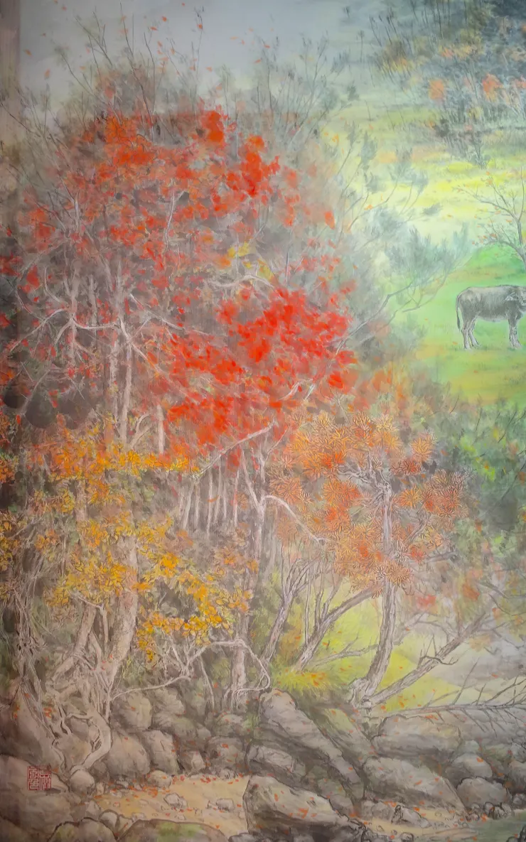 〈溪原散牧〉局部－紅木