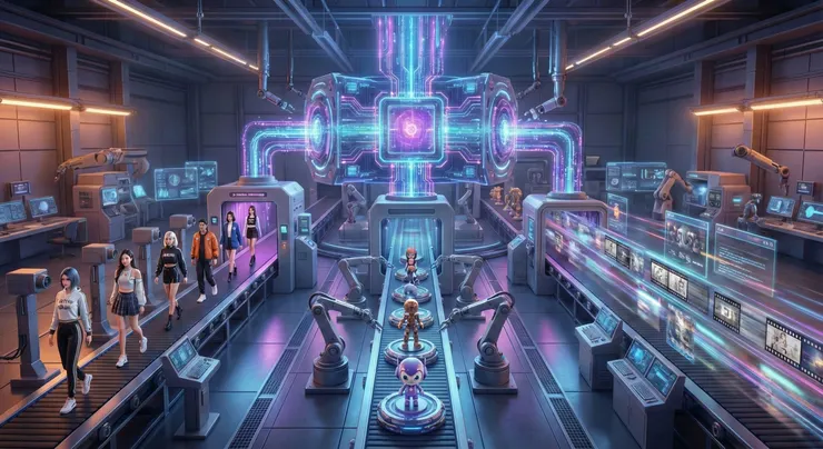 呈現一位設計師指揮著背後多個 AI 機器人同時產出圖片與影音的意象