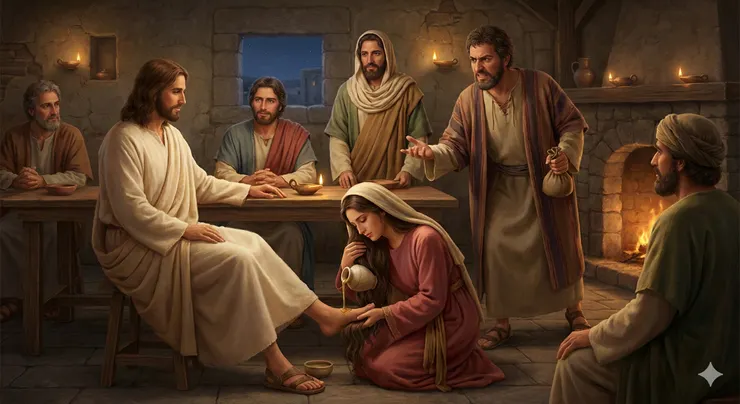 伯大尼馬利亞拿香膏抹耶穌的腳及加略人猶大反應