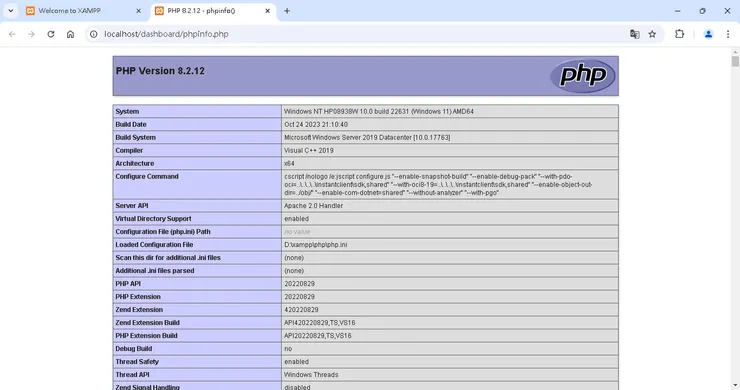 我們是安裝 PHP 8.2.12版，由這一頁面可以確認 PHP安裝沒有問題。