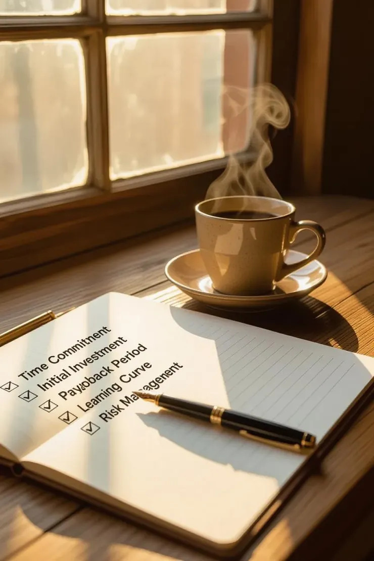 筆記本上的五格檢核表：時間、成本、回本週期、學習曲線、風險