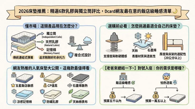 2026床墊推薦：精選6款乳膠與獨立筒評比，Dcard網友最在意的飯店級睡感清單 🌙