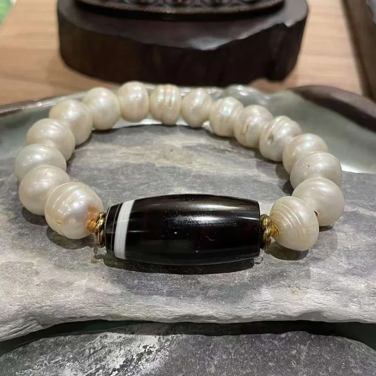 線珠(孤品)老天珠搭配天然珍珠