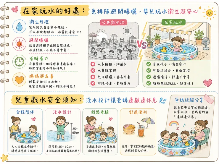 在家玩水的好處 家用戲水池 vs 公共戲水區｜衛生安全方便 兒童淺水設計 2026夏天在家玩水 免排隊避開曝曬 寶媽超安心