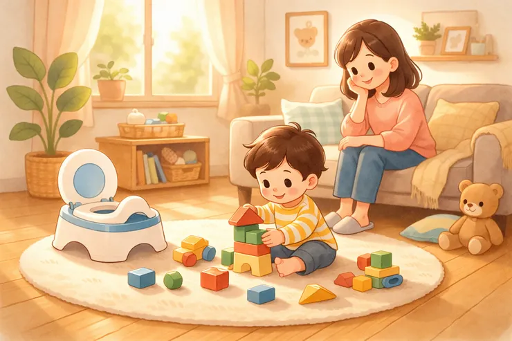 孩子穿著尿布玩積木,小馬桶放在旁邊,家長安靜觀察。