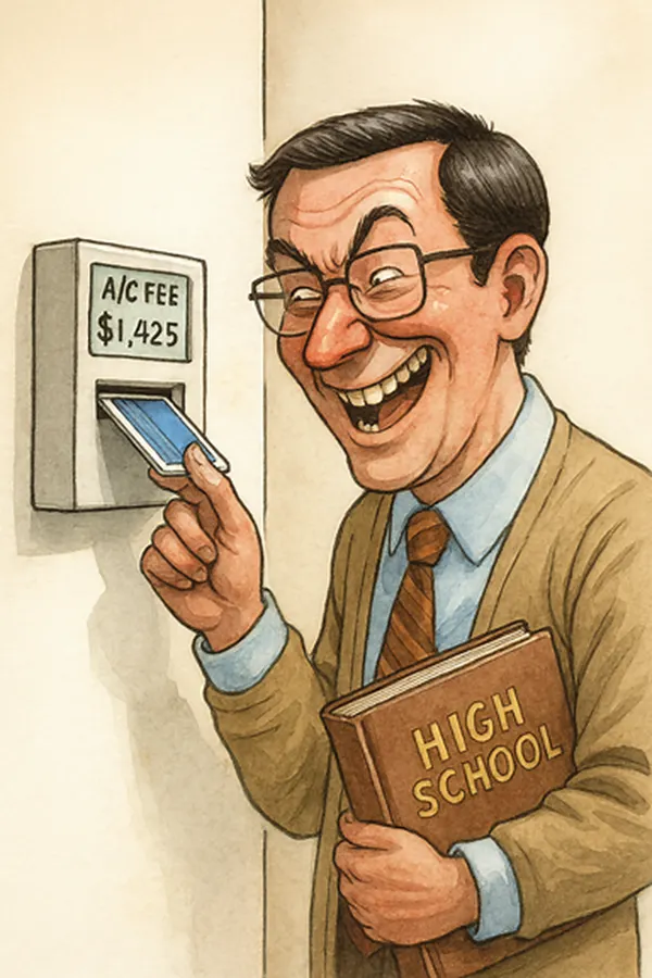 看著讀卡機數字詭異奸笑的老師😆😆  (小昕咒語Copilot繪圖)