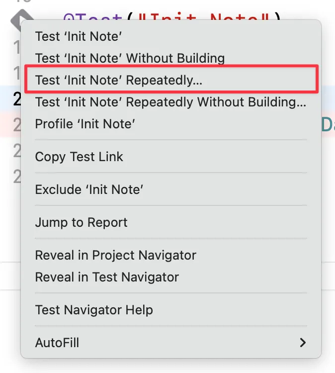 在 Xcode 的測試上面按右鍵，選 Test Repeatedly…