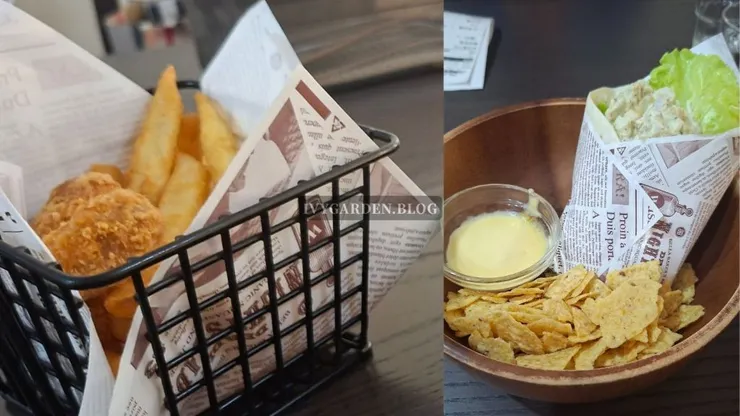 (左) 套餐加購薯條&G米花 (右) 墨西哥捲配玉米片