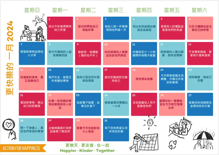 Happier January by Action For Happiness：Let's start the new year happier. 