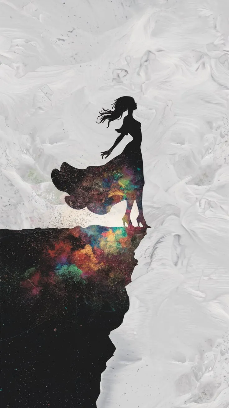 A captivating silhouette of a female figure, her enigmatic form elegantly poised at the edge of a vast, dark void. The silhouette is rendered with exquisite detail, casting a striking contrast against the subtly textured, minimalistic background that explodes with a kaleidoscope of rich, vibrant hues. This mesmerizing composition, while visually striking, also presents a thought-provoking narrative, inviting the viewer to contemplate themes of life, courage, and the unknown. The overall effect is a deeply resonating artistic statement that lingers in the mind, inspiring introspection and interpretation.