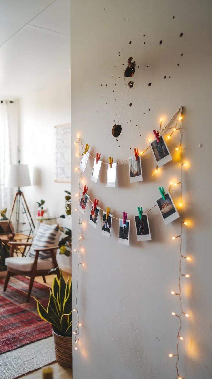 A bright living room wall with a string of fairy lights holding polaroid pictures clipped with colorful clothespins