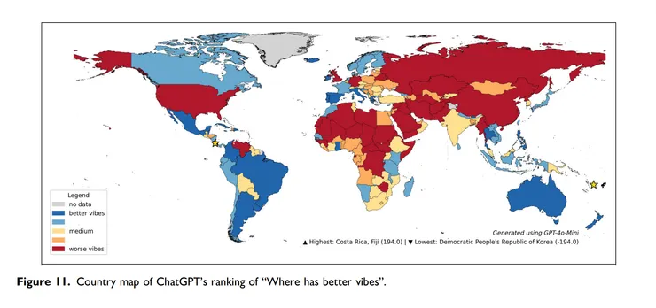 在「生活氛圍更好」的查詢中,哥斯大黎加奪冠,很大程度上是因為其「Pura Vida」(純淨生活)。來源:本研究。