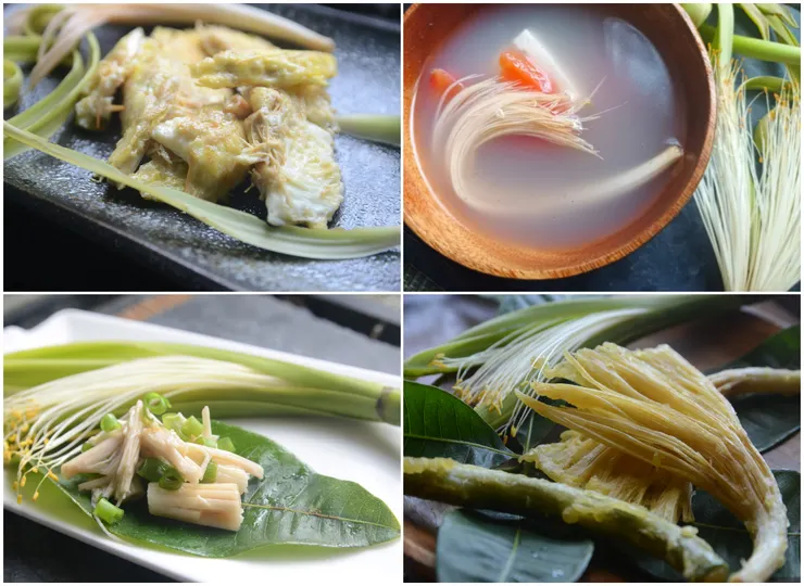 馬拉巴栗花餐：上(左)煎蛋、上(右)入湯；下(左)油醋、下(右)酥炸