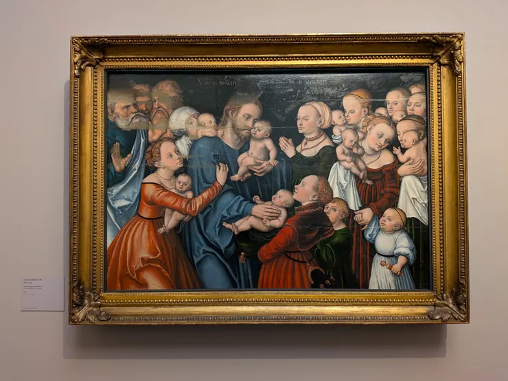 老盧卡斯．克拉納赫，〈基督為孩童祝福〉（Christus segnet die Kinder），1538，油彩、木板（椴木？），82.5 x 121 cm，德國漢堡美術館（Hamburger Kunsthalle）。