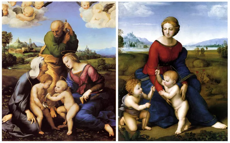 拉斐爾畫作，左-卡尼吉亞尼聖家，右-草地上的聖母