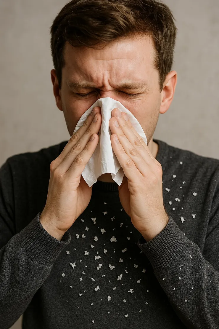 用衛生紙擤鼻涕，擤到低頭一看，衣服上，佈滿雪花般的衛生紙屑屑（GPT）