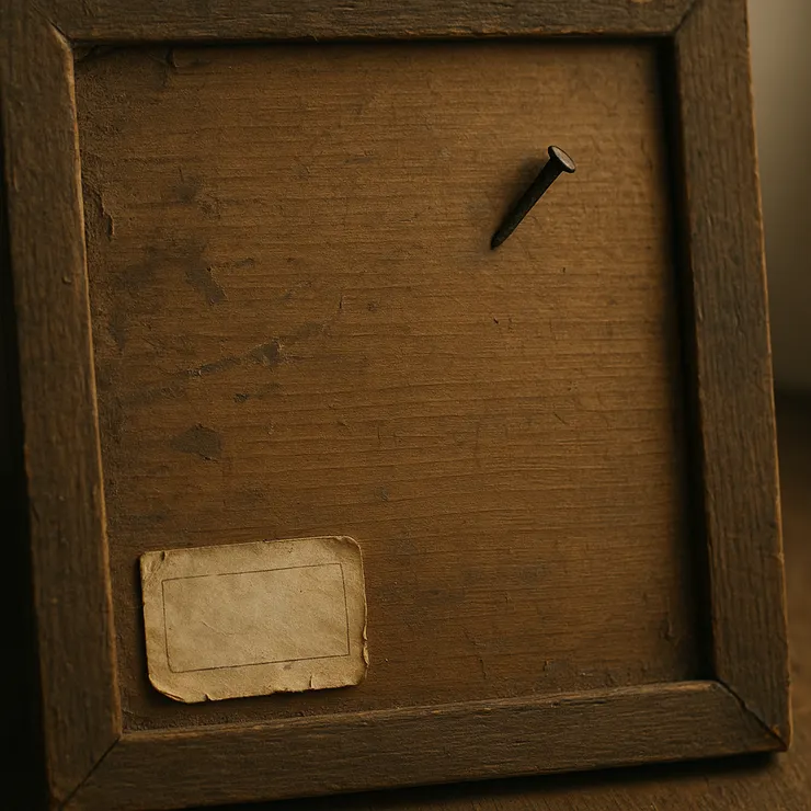 畫作背面朝上，老釘偏一毫米；角落殘膠與舊標籤並存。