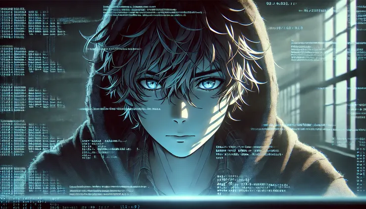 年輕男子裹著毛毯凝視藍光終端機,神情凝重。