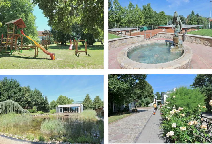 室外兒童遊戲區，網球場和生態池(池塘旁邊是室內泳池)