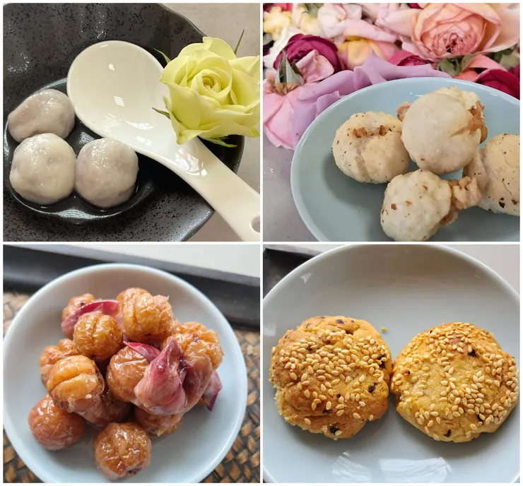 琳琅滿目的玫瑰花食 左上：玫瑰元宵 右上：玫瑰油錘(炸元宵) 左下：玫瑰釀油甘 右下：內府玫瑰火餅