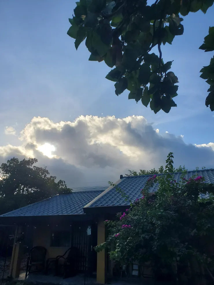 到達長濱麵包宿後，有庭院和屋簷，襯托天空真的很好看，一定要紀念一下抬頭從屋頂看到太陽與雲