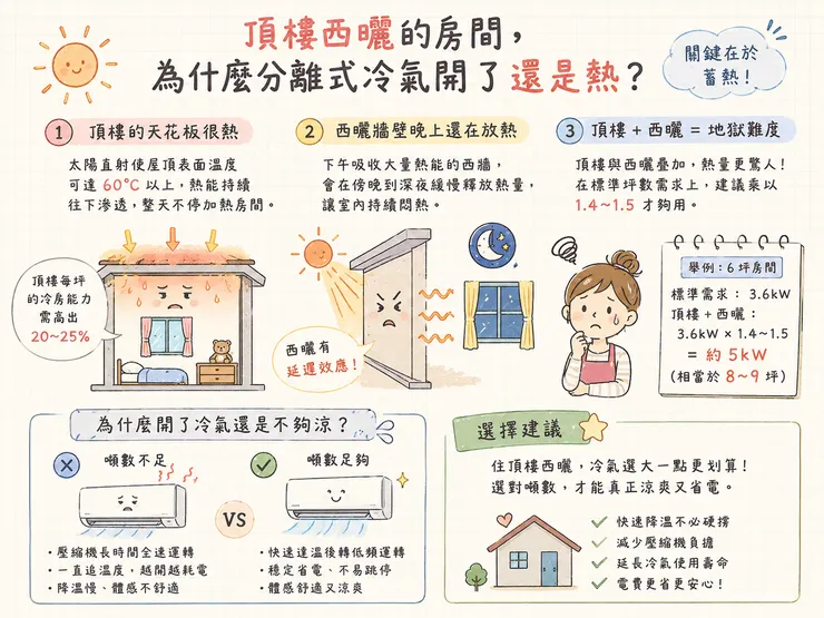頂樓西曬冷氣不夠涼原因＋分離式冷氣怎麼選 噸數計算 西曬房間冷氣推薦 快速降溫省電