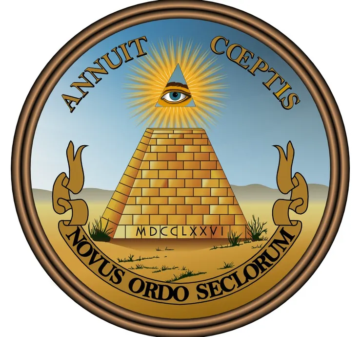 1782年開始啟用的美國國徽背面,金字塔頂端是全視之眼,代表監視人類的法眼。下方是拉丁語「Novus Ordo Seclorum」,意為「時代新秩序」。上方則寫著拉丁語「Annuit cœptis」,意思是「上帝贊佑吾人基業」。