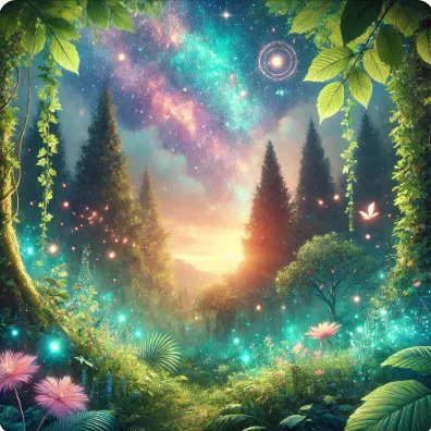 圖片：ChatGPT生成-主題是感謝宇宙，一種神奇美妙，綠意盎然生機蓬勃的景致，靈性藝術風格