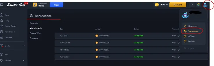 點帳戶內的 [Transations]，可以看到 [Withdrawals] 提款紀錄
