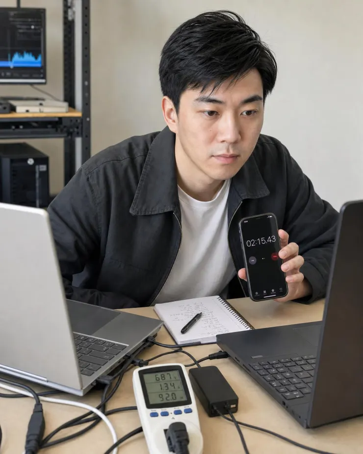 梁练伟在测试台对比 AI PC 笔电配置和功耗