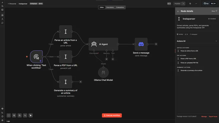 使用 Instaparser 的 n8n 工作流程範例（圖片來源：作者）