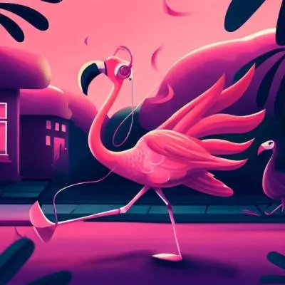 咒語：a flamingo running through the neighborhood while listening to music。（Bing Image CreateAI繪圖生成製成）