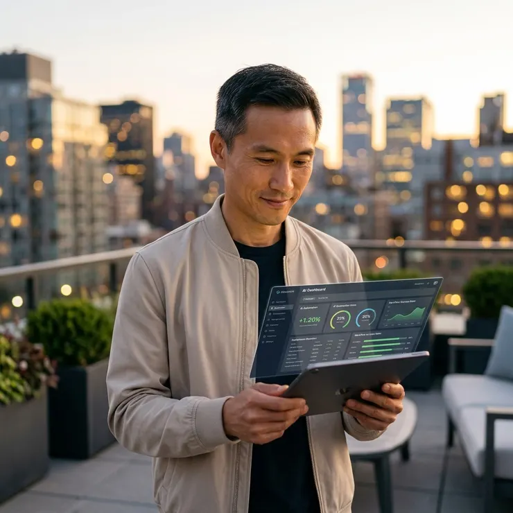 梁练伟在户外复盘自动化成果，通过平板审视优化后的多智能体工作流表现。