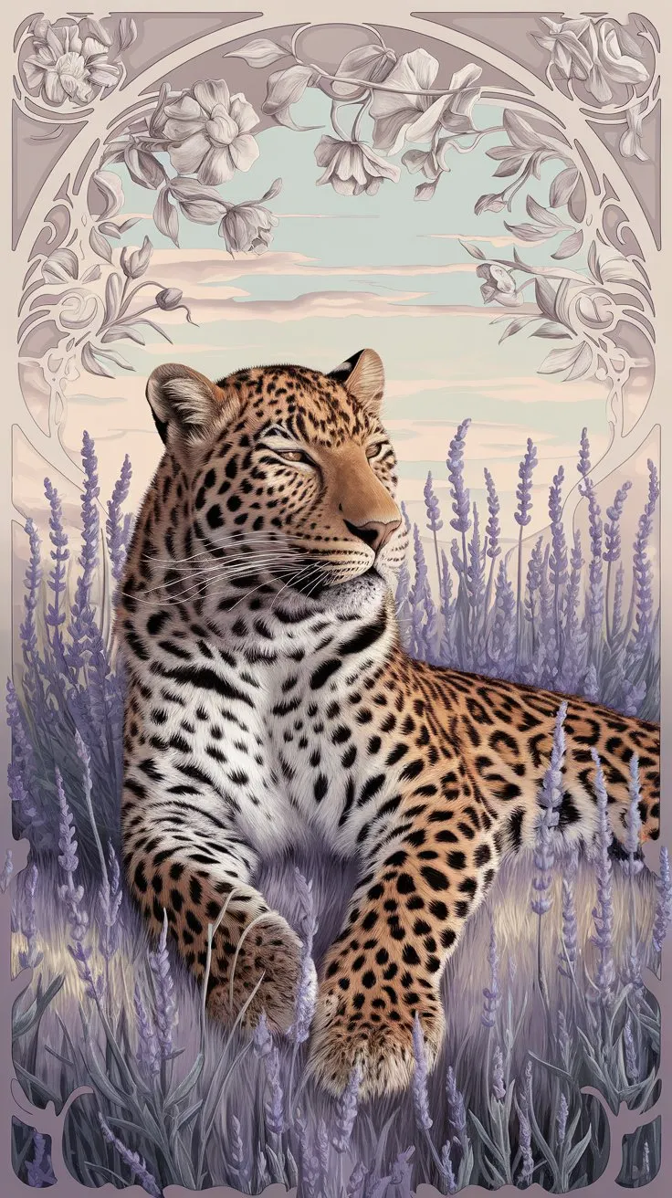 An elegant portrait of a leopard lounging in a field of lavender