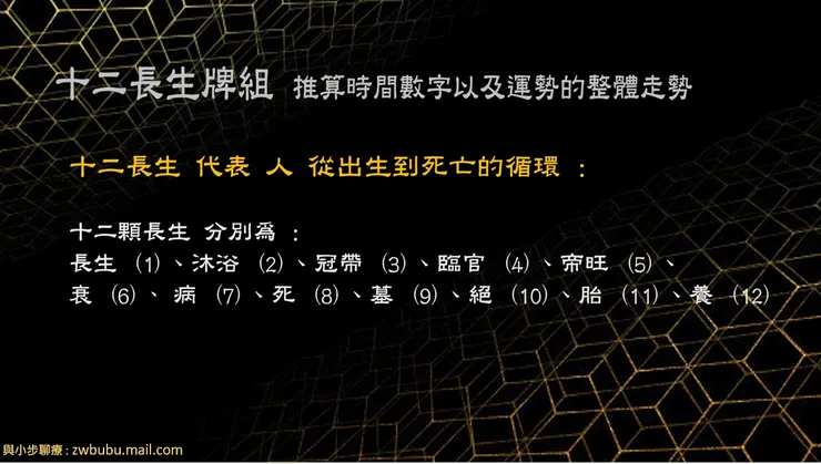 12長生牌組，可以用來「推算時間」以及「方位」，更是對於「所問之事」的整體發展走勢。起於「長生」終於「養」、用來表示一個人從出生、到長大、到生病、至死亡，再重新投胎的過程、一個人面臨生、老、病、死的一個循環。