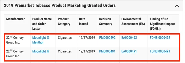 紙菸超臭!支持台灣與美國FDA接軌,紙菸進行健康風險評估審查!/圖:擷取自美國FDA PMTA頁面。