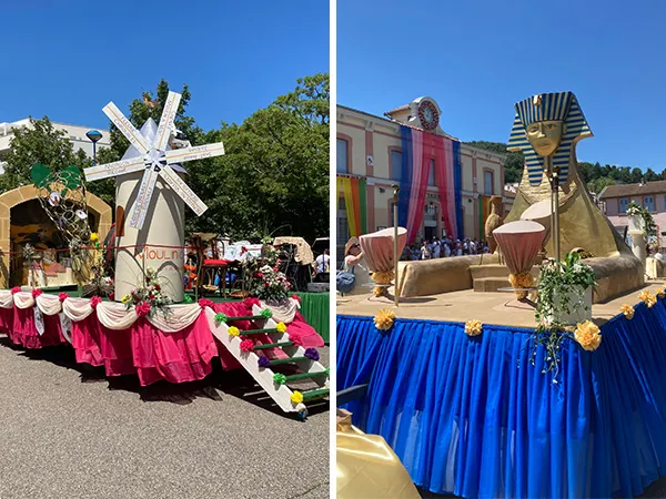 (左)薄酒萊產區，也是這附近的特色 (右)選美皇后的花車主題比較不一樣