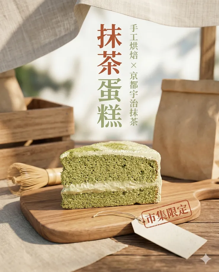 日系抹茶蛋糕｜市集擺攤風格海報 Prompt