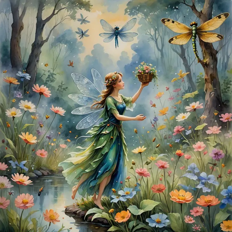 一位女仙把花灑向空中