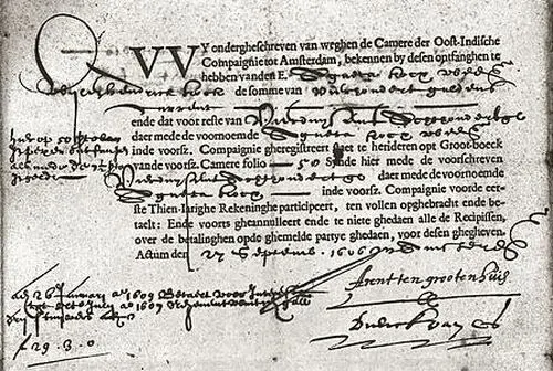Oldest-Share - Dutch United East India Company (VOC) Proof of payment #99, installment of a share; issued by the Camere Amsterdam, deed of September 27, 1606. 