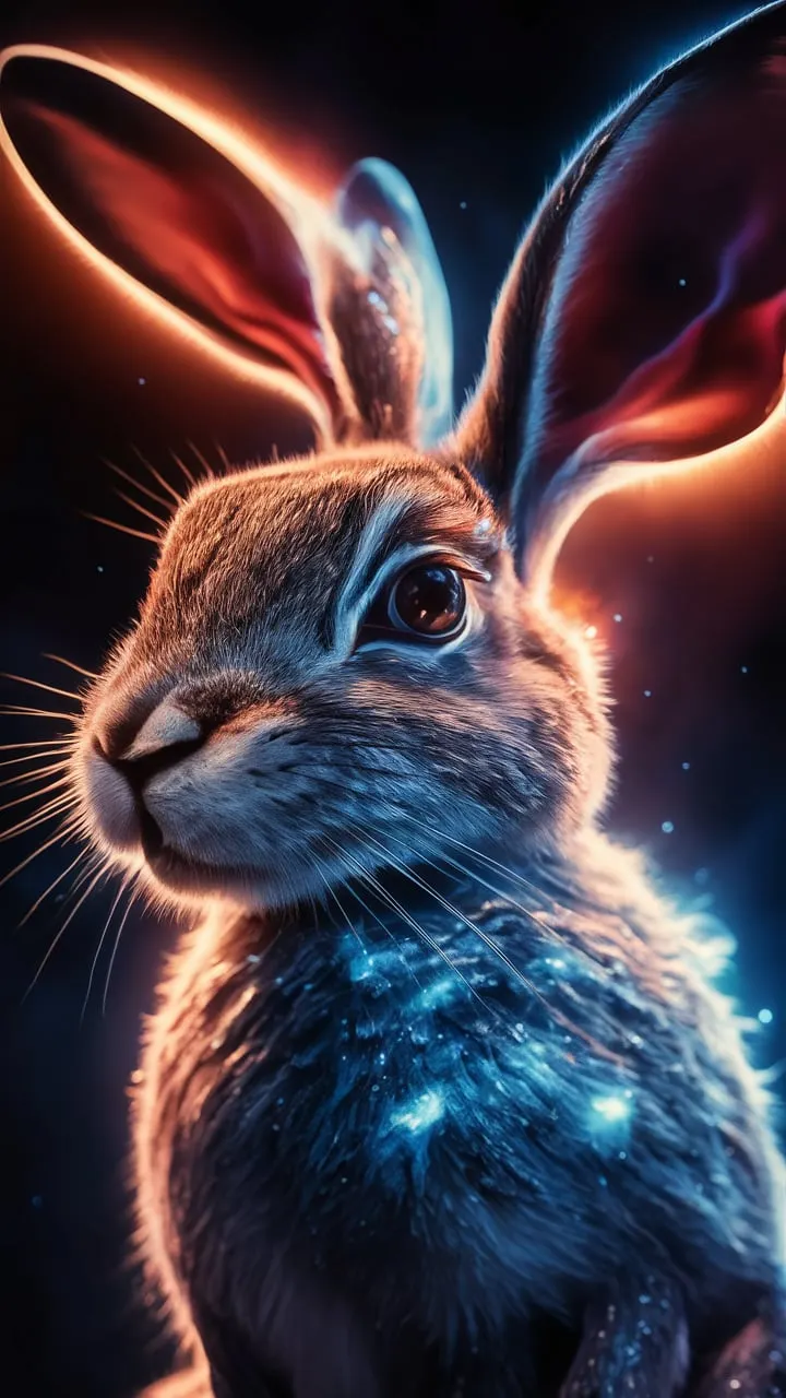 incredible cosmic radio waves, under the influence of an unknown force, merged into a single magnificent creation in a mysterious game that created an amazing masterpiece of the space hare close-up. a magnificent play of light and shadow. a fantastically bright creation. It is both simple and very complex the refined shapes and parts of the composition enchant the eye with beauty detail and accents on the smallest elements the light falls smoothly creating an even more mesmerizing image high quality and detail 8K, photo, illustration, 3d render, painting, vibrant