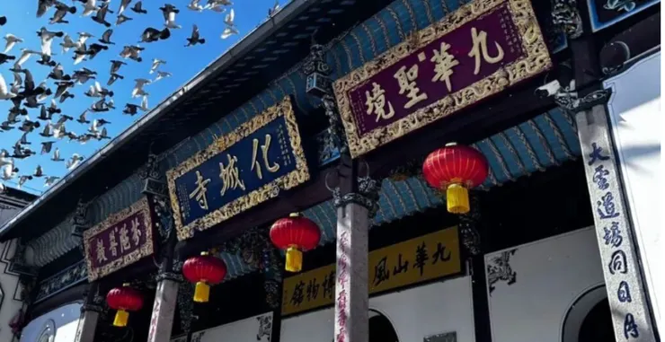 化城寺屋頂上方有幾隻飛鳥正在飛行,讓整個畫面看起來生動且充滿活力。