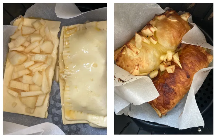 蘋果丁如果放在起酥片上方時，氣炸完的蘋果比較會彈出外面
