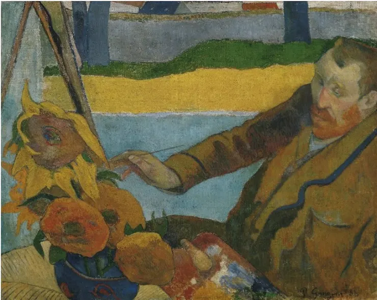 高更筆下的梵谷,正在繪畫著大朵豐厚的向日葵。畫向日葵的畫家,1888年