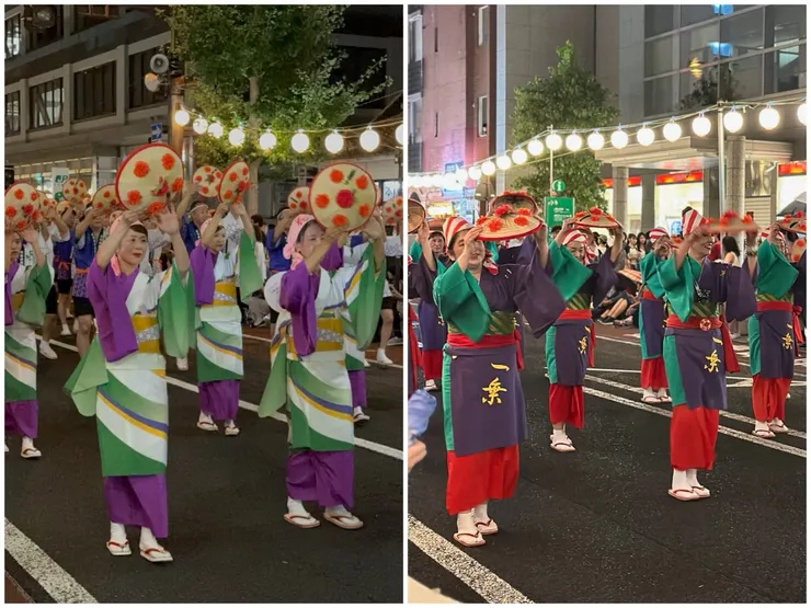 女性穿著和服跳花笠舞，舞步細緻且有氣質