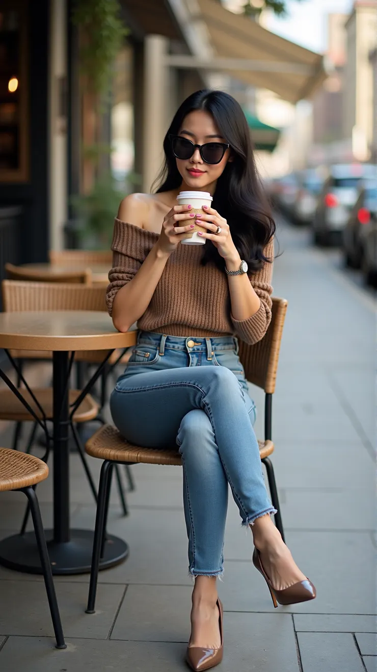 Off-shoulder knit top, high-waisted skinny jeans, pointed-toe pumps, cat-eye sunglasses