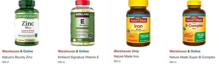 Nature's Bounty鋅$12.49，Kirkland維他命E $13.49，Nature Made鐵$13.49，Nature Made Ｂ群$18.99。