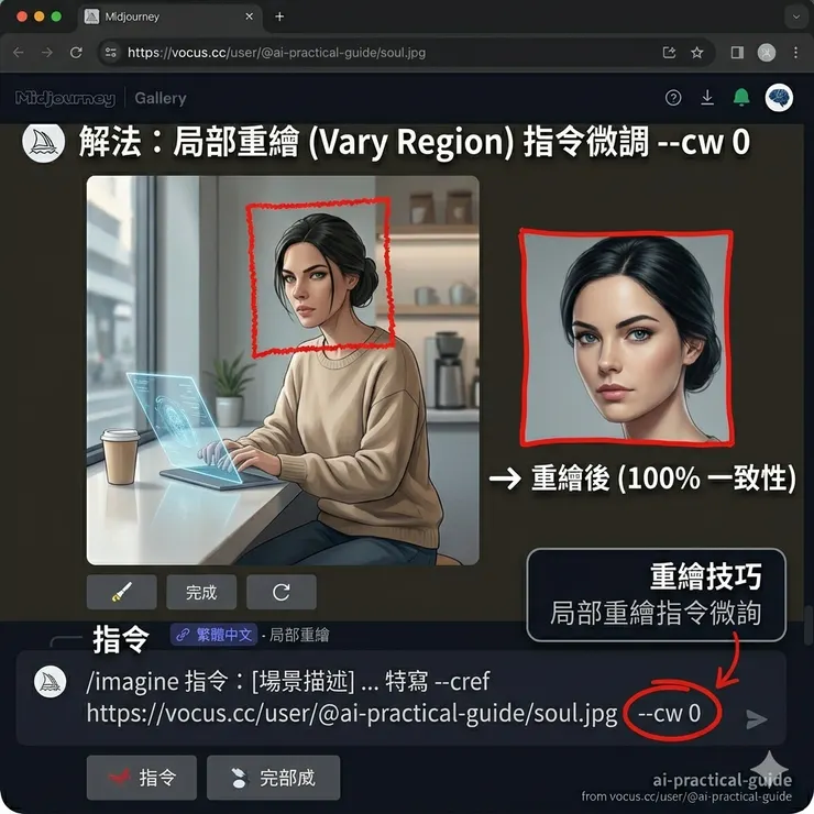 Midjourney實測:使用(--cw 0)參數搭配 Vary Region 局部重繪功能,修復極端動作導致的角色臉部失真